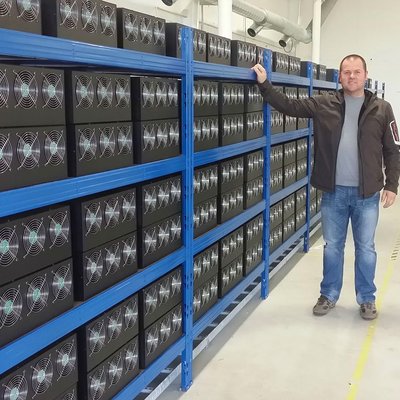 A mining farm in the United States showcasing rows of mining rigs.
