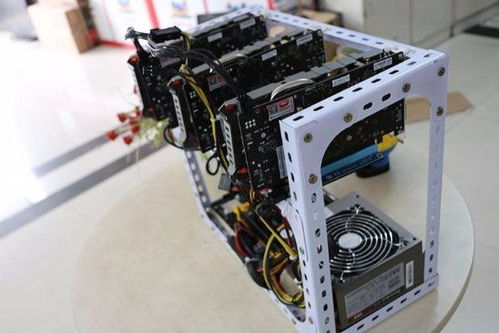 Close-up of a mining rig's GPU components running Ethereum mining